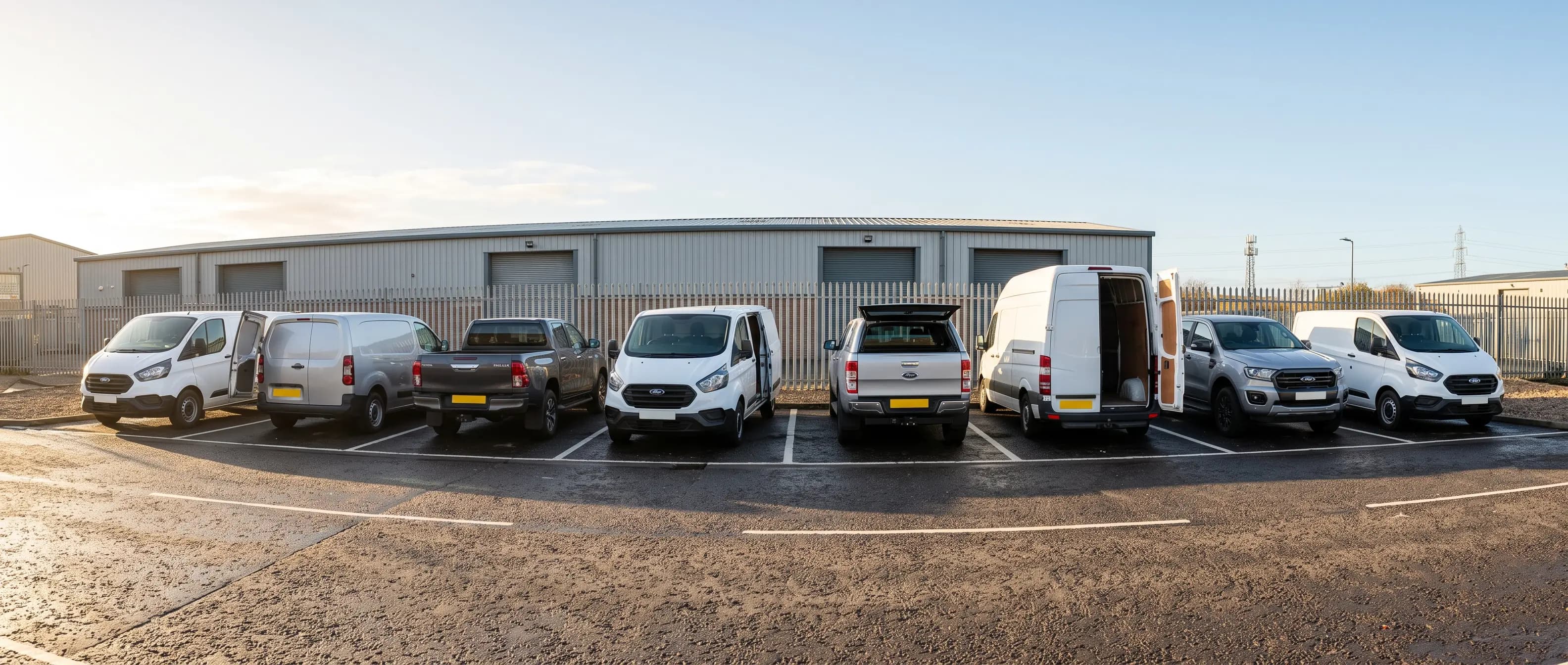 A row of vans and pickups parked at the Dalcross depot in low winter sun.