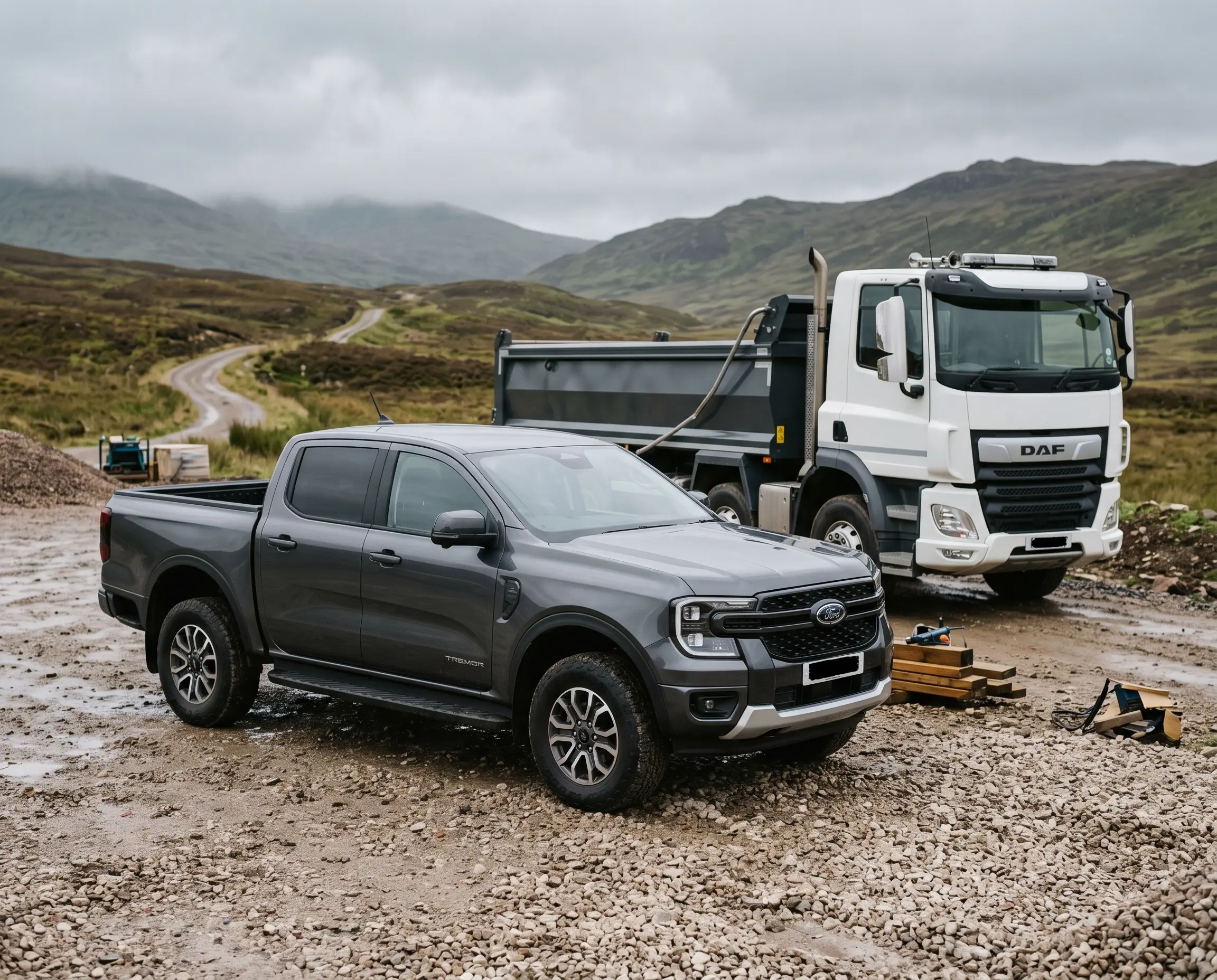 A pickup and a tipper lorry on a Highland site track under low cloud.